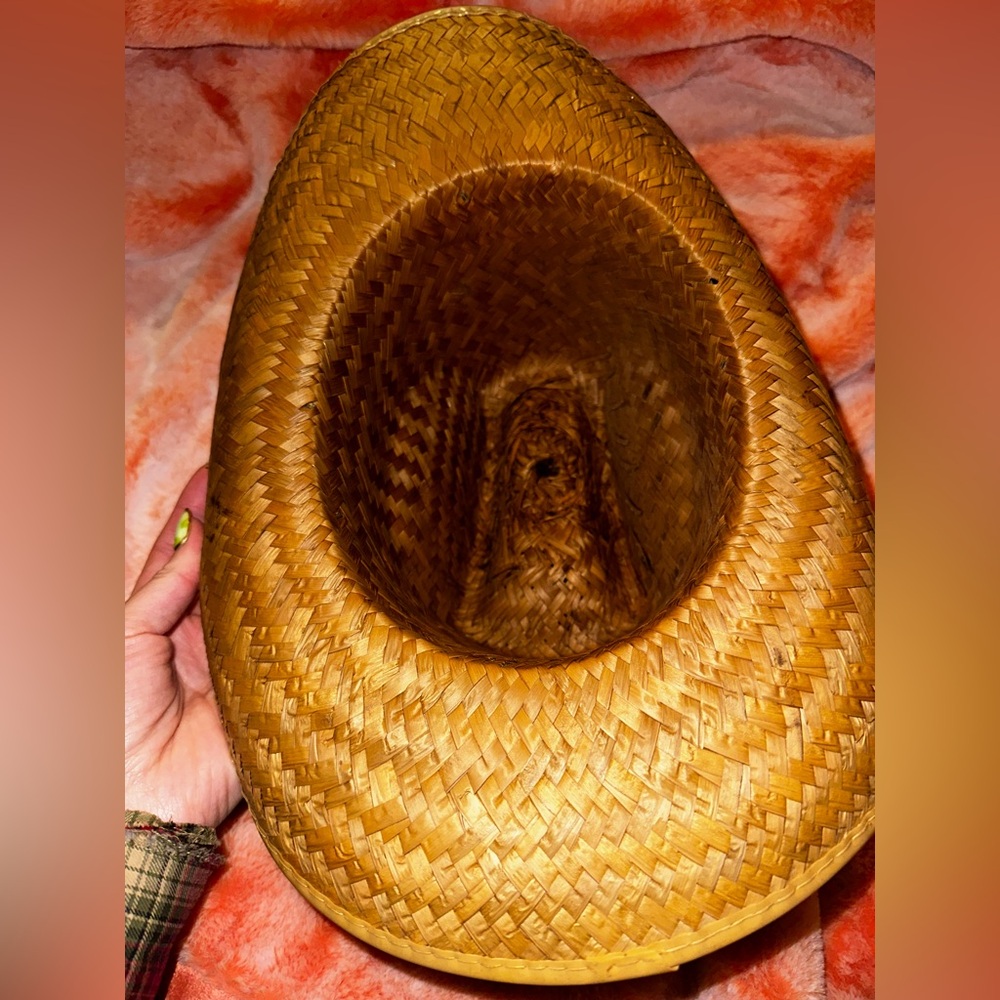 Hand Woven Straw Cowboy Hat Green Leather Band Featuring Feathers - Picture 14 of 15